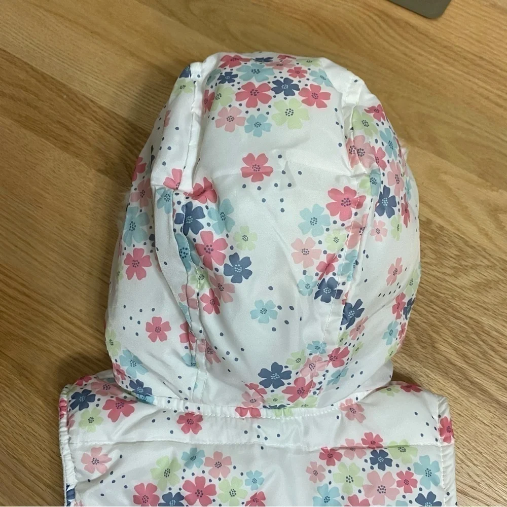 Gymboree Puffer Vest Small 5-6 White Pink Faux Fur Hood Snap Button Floral